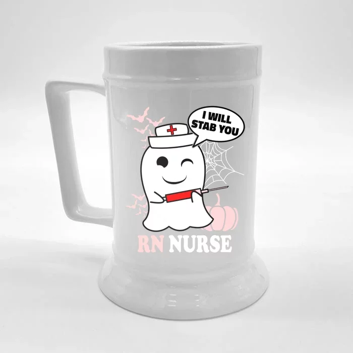 Rn Nurse Halloween I Will Stab You Funny Ghost Gift Front & Back Beer Stein