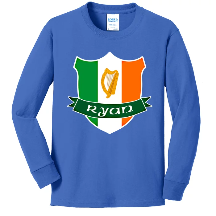 Ryan Name Irish Gift Irish Flag Harp Crest Kids Long Sleeve Shirt