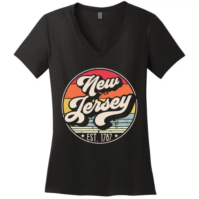 Retro New Jersey Home State Nj Cool 70s Style Sunset Women's V-Neck T-Shirt