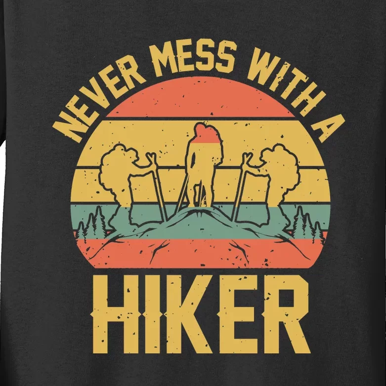 Retro Never Mess With A Hiker Walking Mountain Gift Kids Long Sleeve Shirt