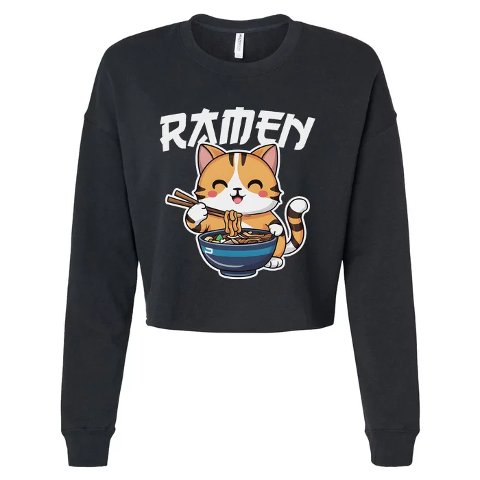 Ramen Noodle Neko Cat Japanese Kawaii Manga Anime Gift Cropped Pullover Crew