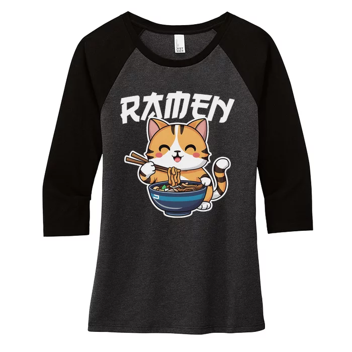 Ramen Noodle Neko Cat Japanese Kawaii Manga Anime Gift Women's Tri-Blend 3/4-Sleeve Raglan Shirt