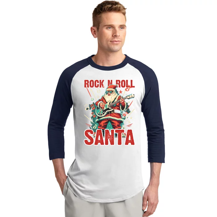 Rock N Roll Santa Playing Guitar Christmas Gift Baseball Sleeve Shirt