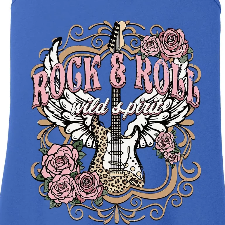 Rock N Roll Wild Spirit Lets Rock Guitar Floral Ladies Essential Tank