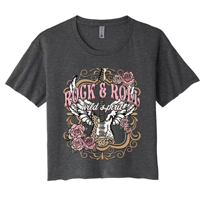 Rock N Roll Wild Spirit Lets Rock Guitar Floral Women's Crop Top Tee