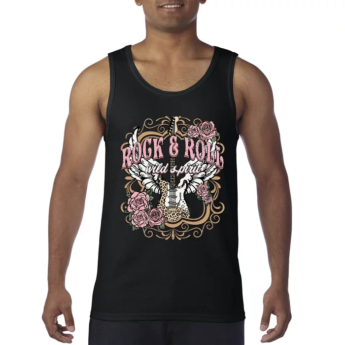 Rock N Roll Wild Spirit Lets Rock Guitar Floral Tank Top