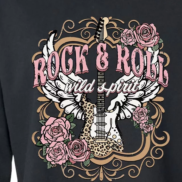 Rock N Roll Wild Spirit Lets Rock Guitar Floral Cropped Pullover Crew