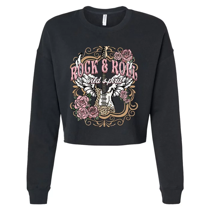 Rock N Roll Wild Spirit Lets Rock Guitar Floral Cropped Pullover Crew