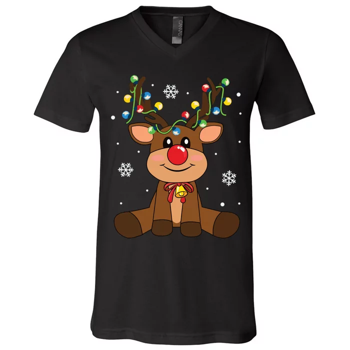 Red Nose Rudolph Reindeer Costumes Christmas Family Matching V-Neck T-Shirt