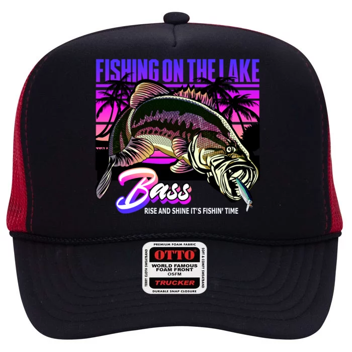 Rise N Shine Its Fishing Time Bass Lake High Crown Mesh Trucker Hat