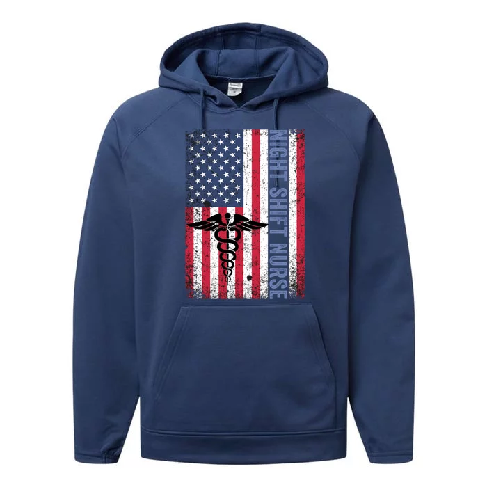 Rn Night Shift Nurse Gift Patriotic American Flag July 4 Gift Performance Fleece Hoodie