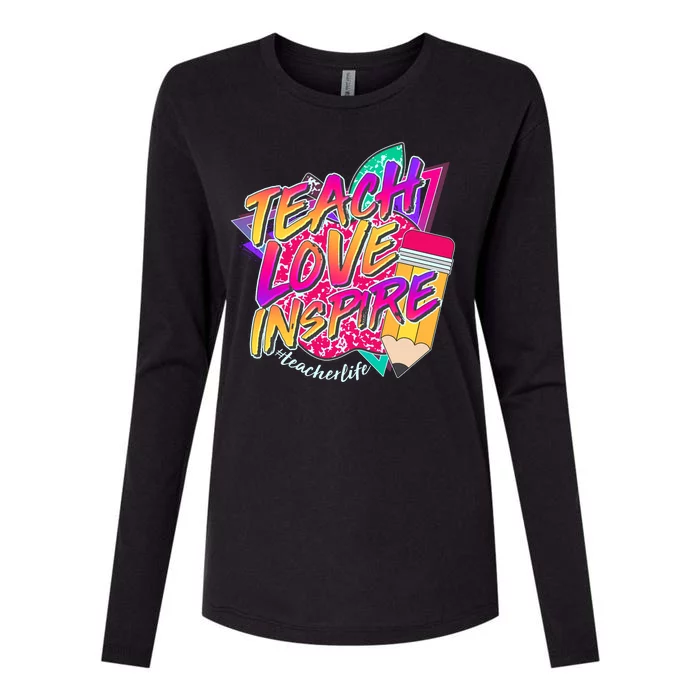 Retro Neon Teach Love Inspire #Teacher Life Womens Cotton Relaxed Long Sleeve T-Shirt