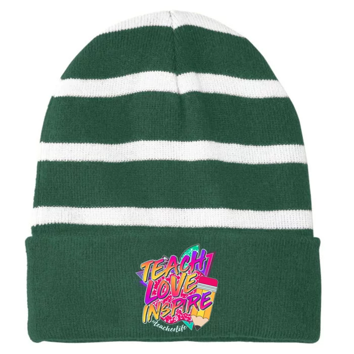 Retro Neon Teach Love Inspire #Teacher Life Striped Beanie with Solid Band