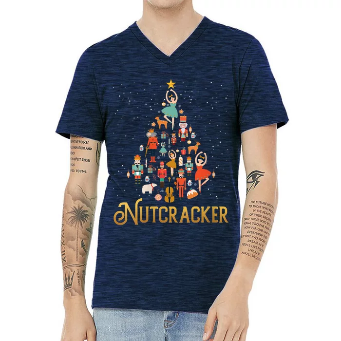 Retro Nutcracker Tree Ballet Dance Family Christmas Pajama V-Neck T-Shirt