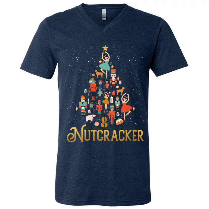 Retro Nutcracker Tree Ballet Dance Family Christmas Pajama V-Neck T-Shirt