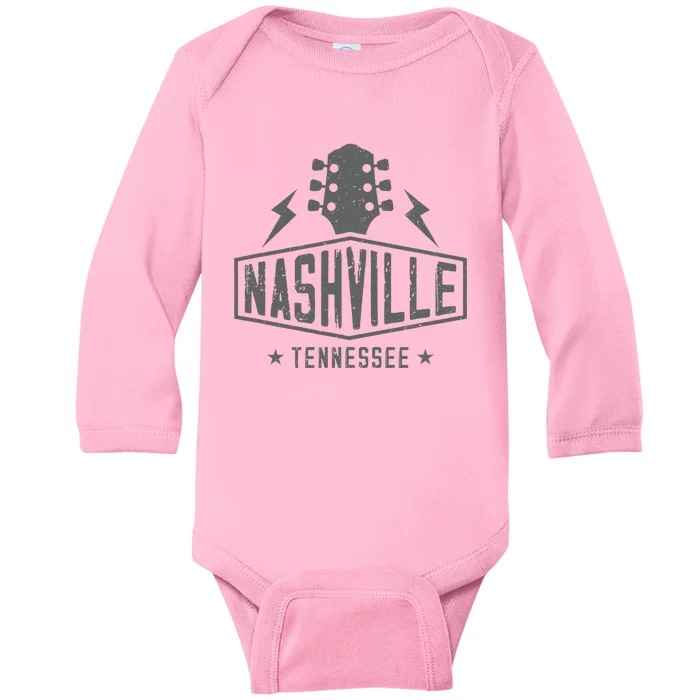 Retro Nashville Tennessee Guitar Vintage Country Music Baby Long Sleeve Bodysuit