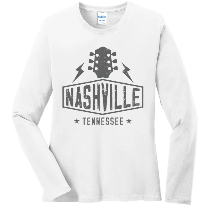 Retro Nashville Tennessee Guitar Vintage Country Music Ladies Long Sleeve Shirt