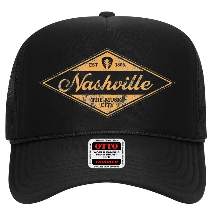 Retro Nashville Tennessee Music City Vintage Guitar Souvenir High Crown Mesh Trucker Hat