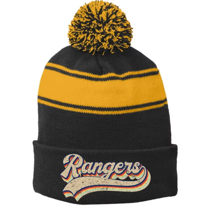 Rangers Name Vintage Retro Baseball Lovers Stripe Pom Pom Beanie