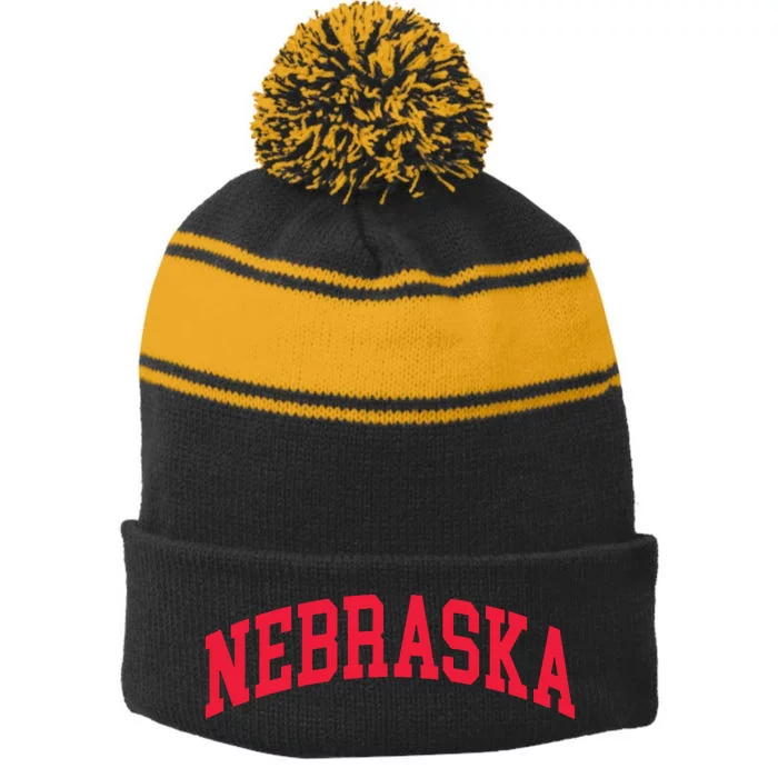 Retro Nebraska Vintage Design Classic Font Throwback Design Stripe Pom Pom Beanie