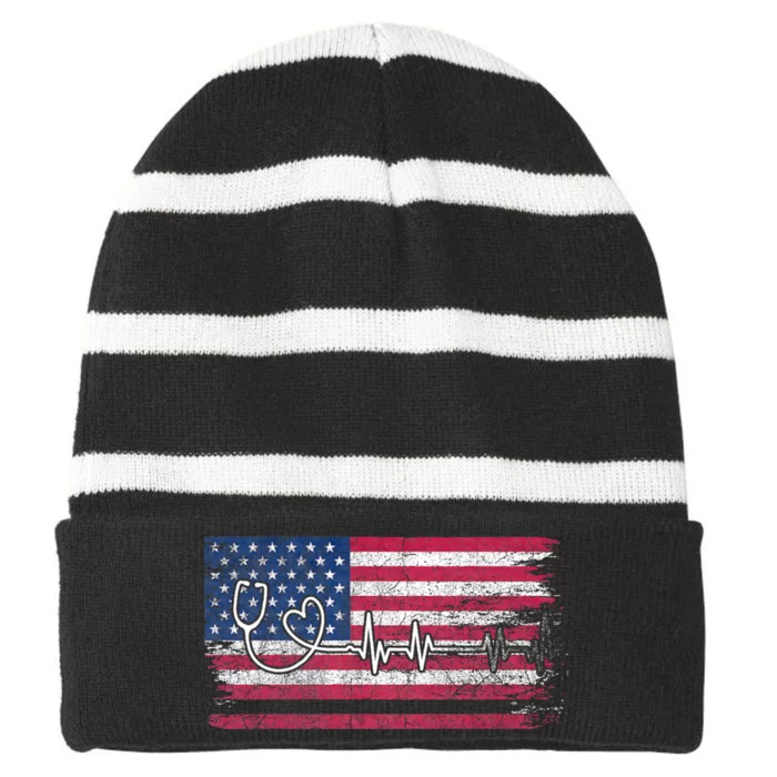 Rn Nurses Week For Er Nurse American Flag Nurse Striped Beanie with Solid Band