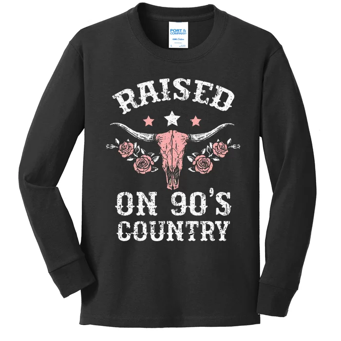 Raised On 90S Country Southern Western Cowgirl Kids Long Sleeve Shirt