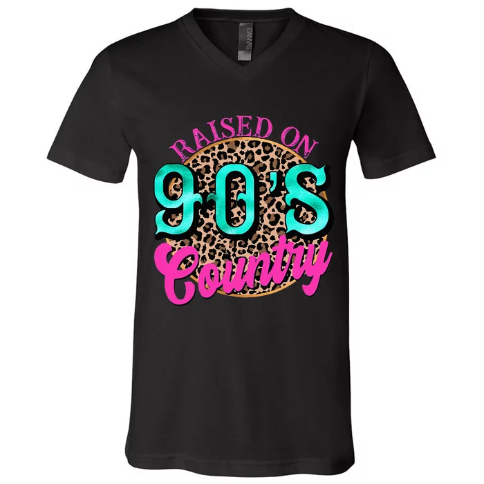 Raised on 90's Country Retro Music Leopard Cow Funny V-Neck T-Shirt