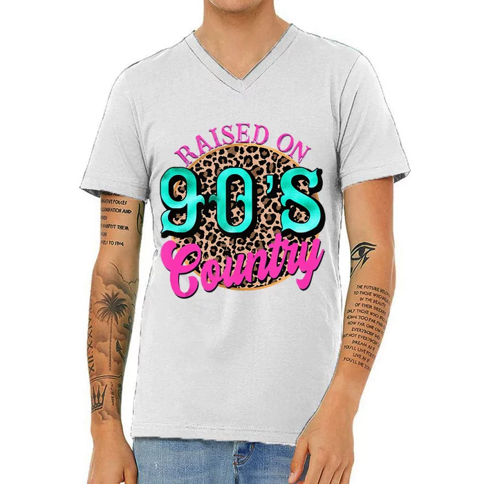 Raised On 90s Country Retro Music Leopard Cow Girl Funny V-Neck T-Shirt