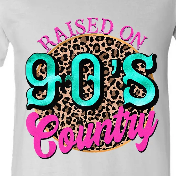 Raised On 90s Country Retro Music Leopard Cow Girl Funny V-Neck T-Shirt