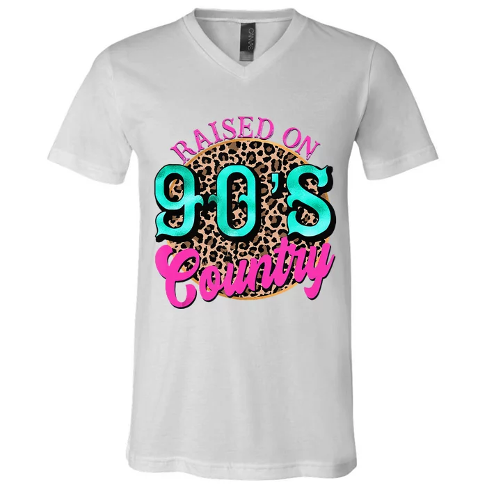 Raised On 90s Country Retro Music Leopard Cow Girl Funny V-Neck T-Shirt