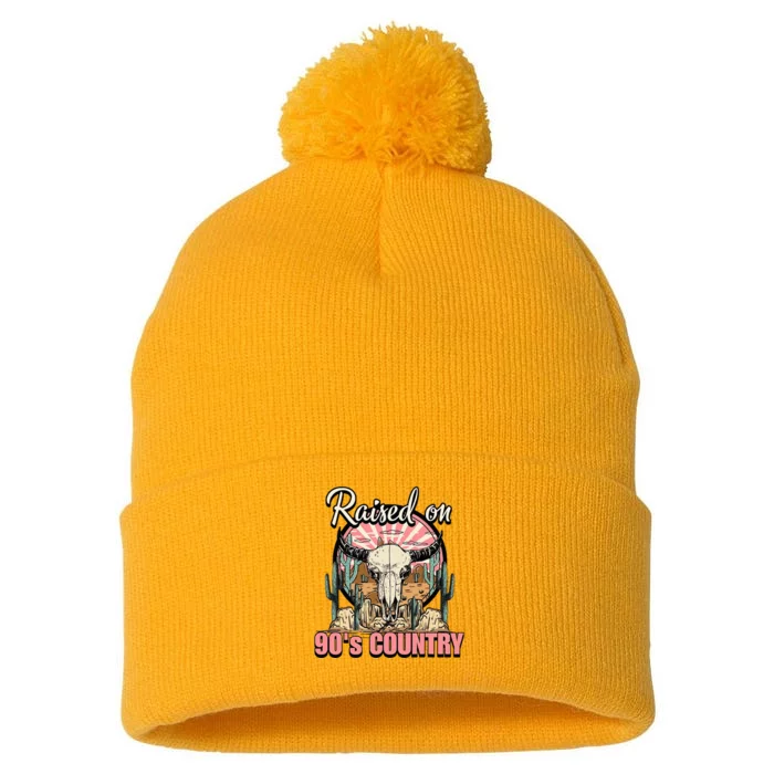 Raised On 90S Country Music Bull Skull Western Pom Pom 12in Knit Beanie