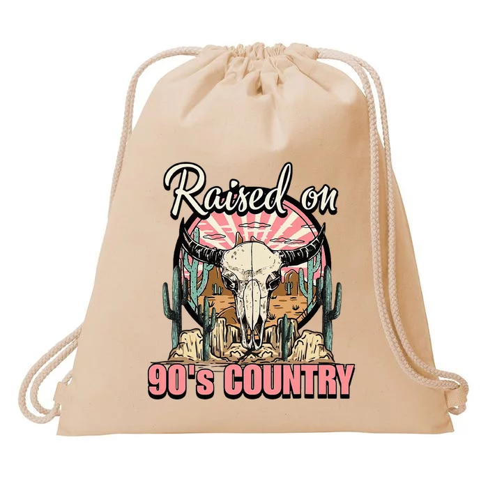 Raised On 90S Country Music Bull Skull Western Drawstring Bag