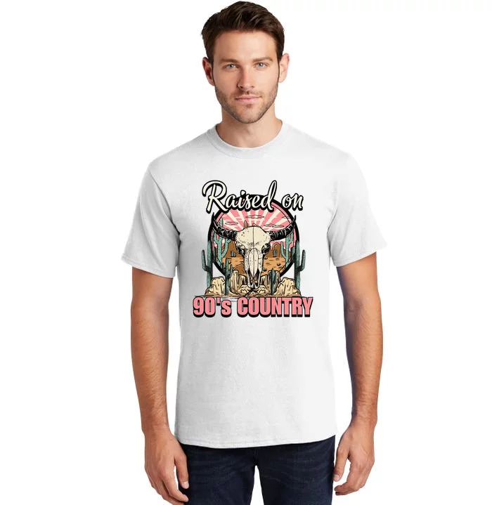 Raised On 90S Country Music Bull Skull Western Tall T-Shirt