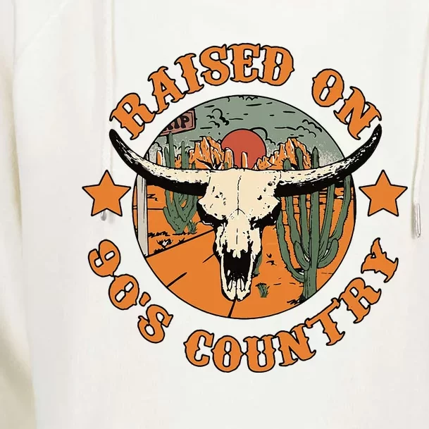 Raised On 90s Country Cow Skull Southern Western Womens Funnel Neck Pullover Hood