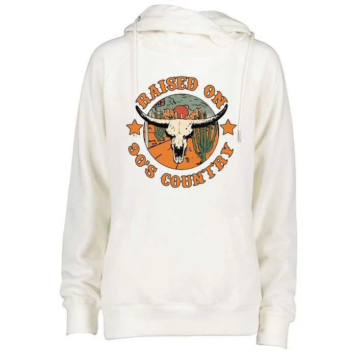 Raised On 90s Country Cow Skull Southern Western Womens Funnel Neck Pullover Hood