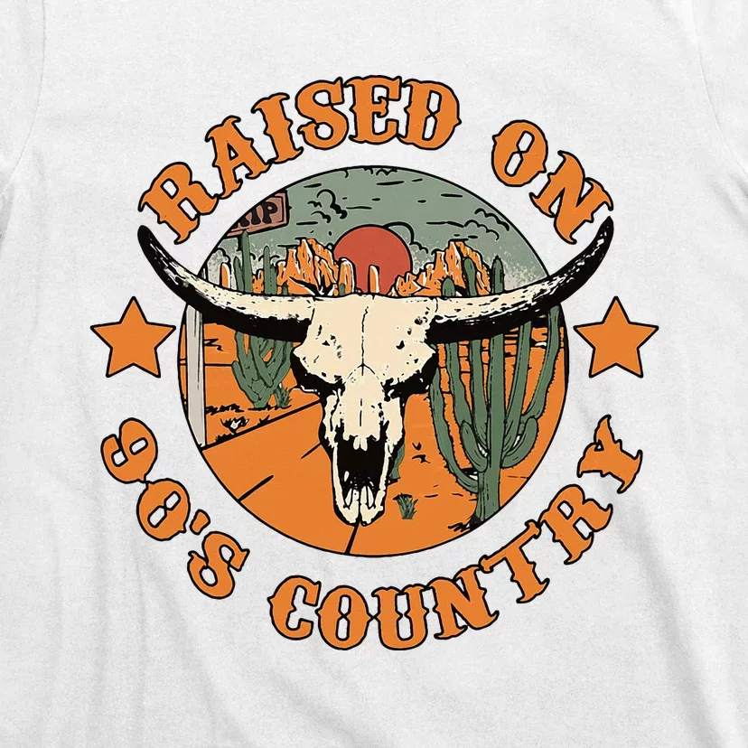 Raised On 90s Country Cow Skull Southern Western T-Shirt