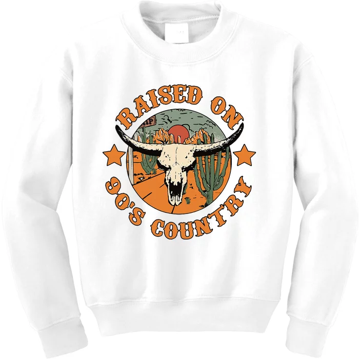 Raised On 90s Country Cow Skull Southern Western Kids Sweatshirt