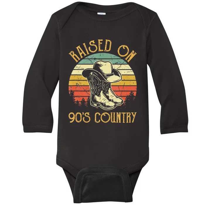 Raised On 90s Country Music Vintage Cowgirl Western Baby Long Sleeve Bodysuit