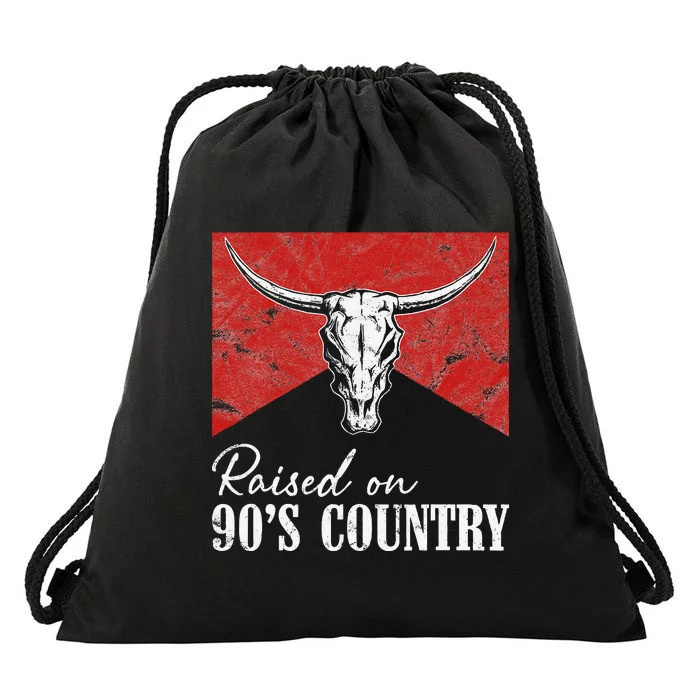 Raised On 90S Country Music Vintage Western Bull Skull Drawstring Bag