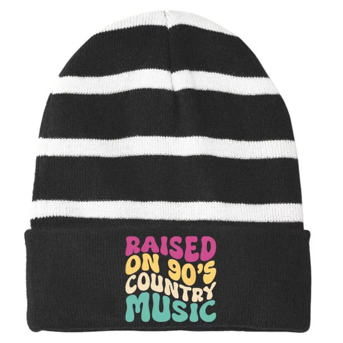 Raised On 90s Country Music Concert Groovy Striped Beanie with Solid Band