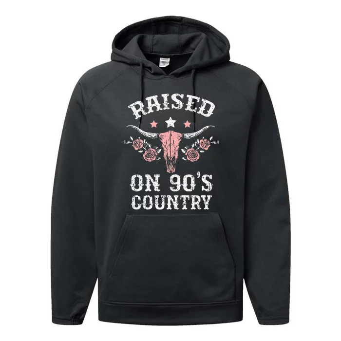 Raised On 90S Country Southern Western Cow Performance Fleece Hoodie