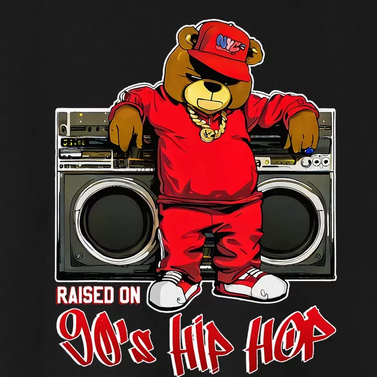 Raised On 90s Hip Hop Anniversary Teddy Bear Graffiti Rap Women's Crop Top Tee