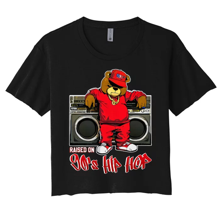 Raised On 90s Hip Hop Anniversary Teddy Bear Graffiti Rap Women's Crop Top Tee