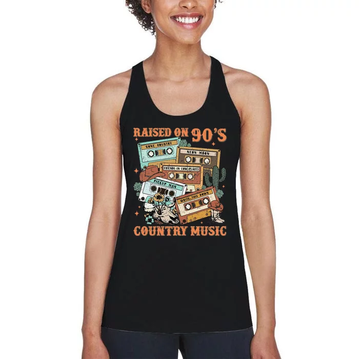 Raised On 90S Country Music Western Cowboy Retro Cow Skull Women's Racerback Tank