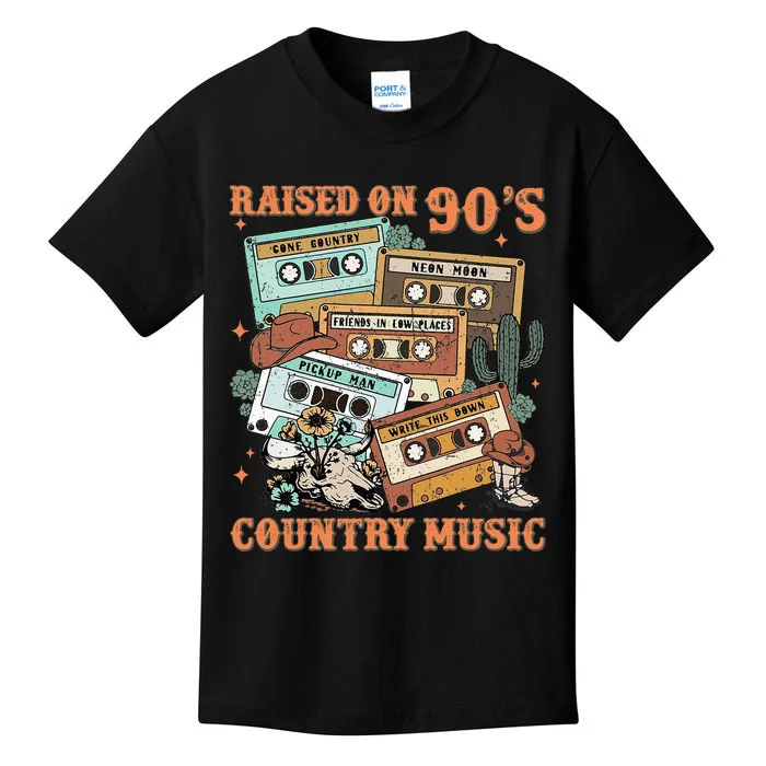 Raised On 90S Country Music Western Cowboy Retro Cow Skull Kids T-Shirt