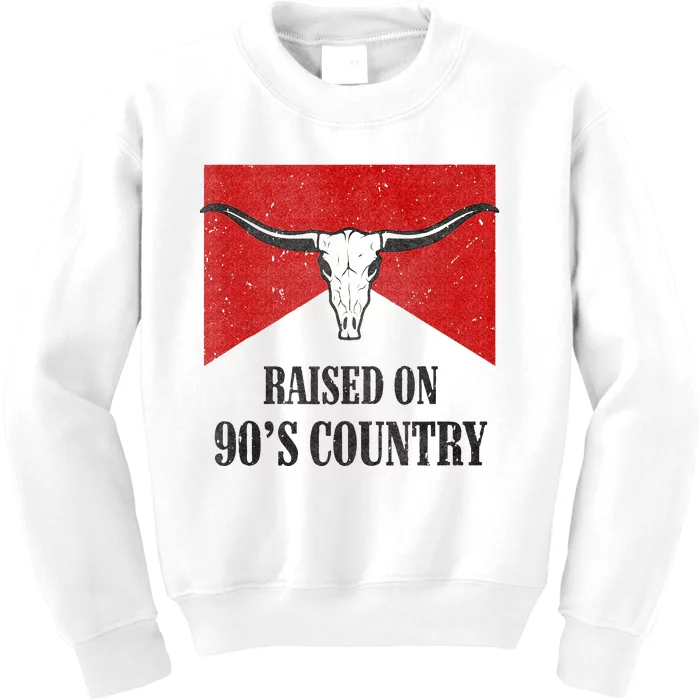 Raised On 90s Country Vintage Bull Skull Western Rodeo Kids Sweatshirt