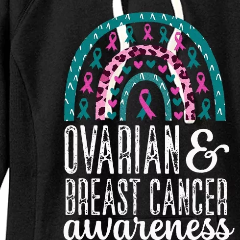 Rainbow Ovarian and Breast Cancer Awareness Pink Teal Ribbon Women's Fleece Hoodie