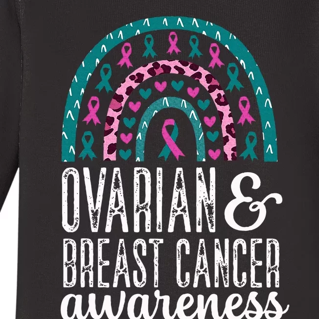 Rainbow Ovarian and Breast Cancer Awareness Pink Teal Ribbon Baby Long Sleeve Bodysuit