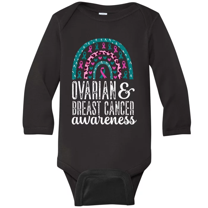 Rainbow Ovarian and Breast Cancer Awareness Pink Teal Ribbon Baby Long Sleeve Bodysuit