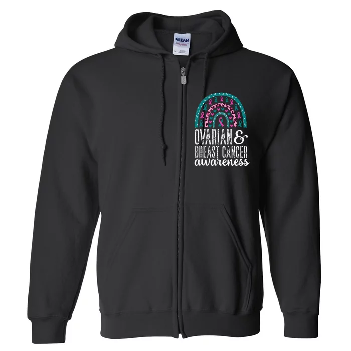 Rainbow Ovarian and Breast Cancer Awareness Pink Teal Ribbon Full Zip Hoodie